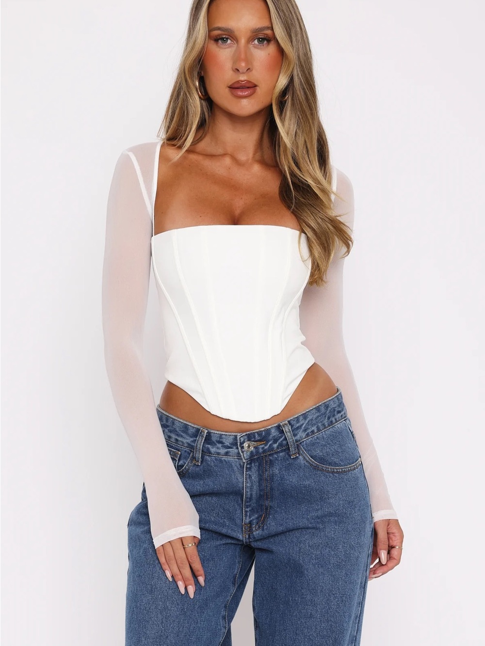 Princess Polly Ivory Fairy Corset Top With Sheer Long Sleeves